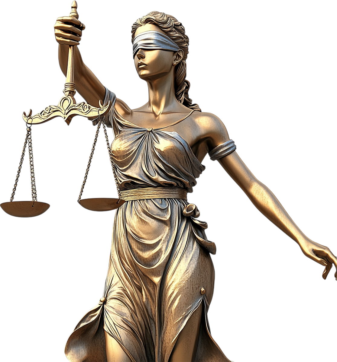 Estatua dorada de la dama de la justicia con los ojos vendados sosteniendo una balanza